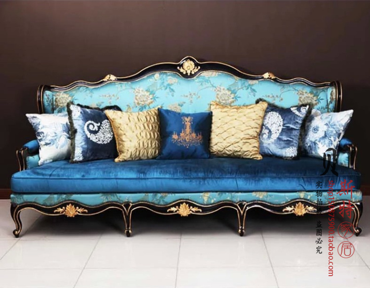 实木雕花三人沙发 仿真丝印花 新古典欧式沙发 奢华客厅描金定制