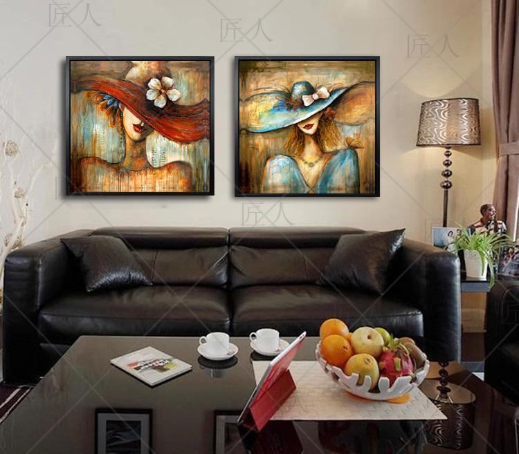 欧式简约抽象装饰画纯手绘人物画客厅沙发挂画简欧风格有框画女子