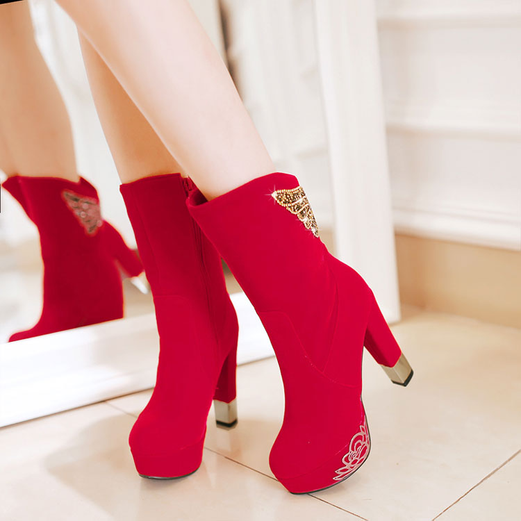 春秋季女鞋优雅淑女短靴高跟粗跟马丁靴中跟中筒女靴冬季红色婚鞋