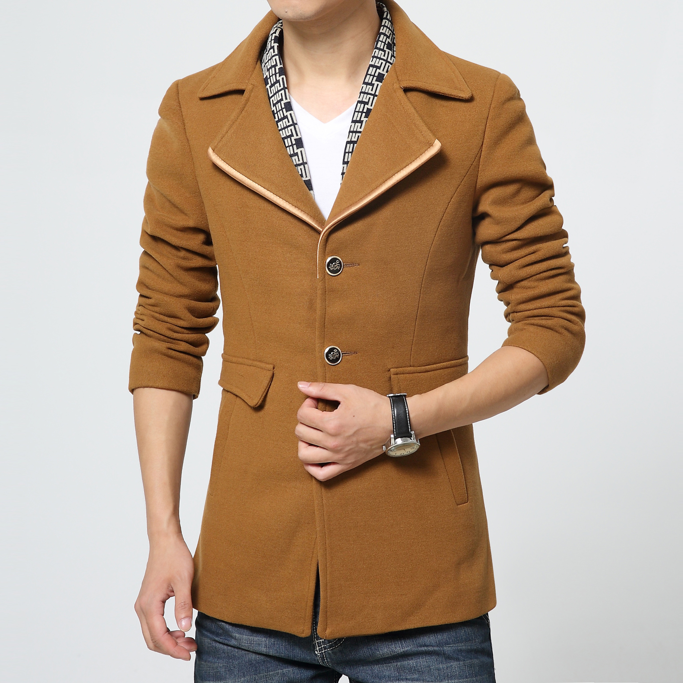 秋冬新款2015加厚加绒男士韩版中长款修身羊毛呢大衣男装呢子外套