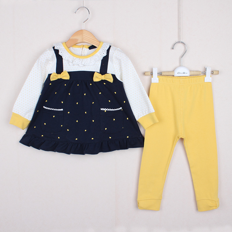 2016春季新款儿童女童假两件背带满印黄色长袖纯棉套装