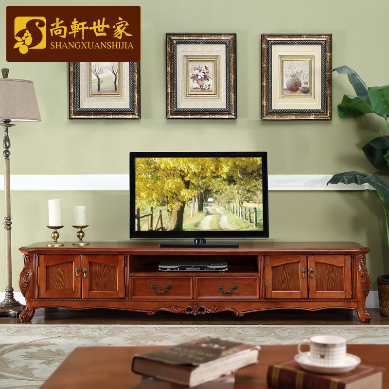 朗格家园 美式电视柜 欧式田园客厅2.2米实木雕花电视柜组合701