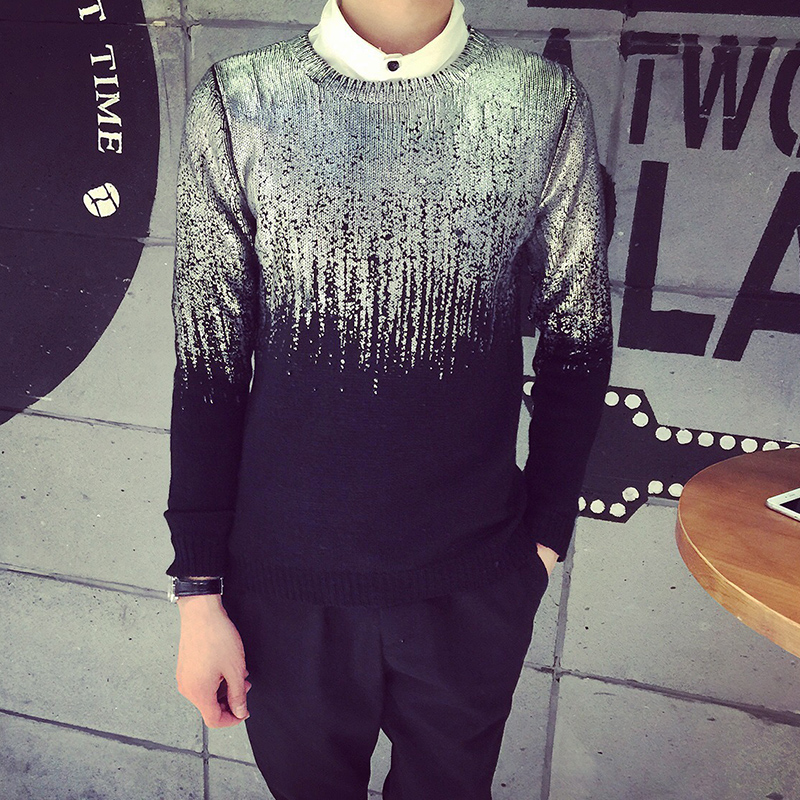 2015秋冬装潮男装韩版男士个性烫金圆领套头毛衣男款针织衫