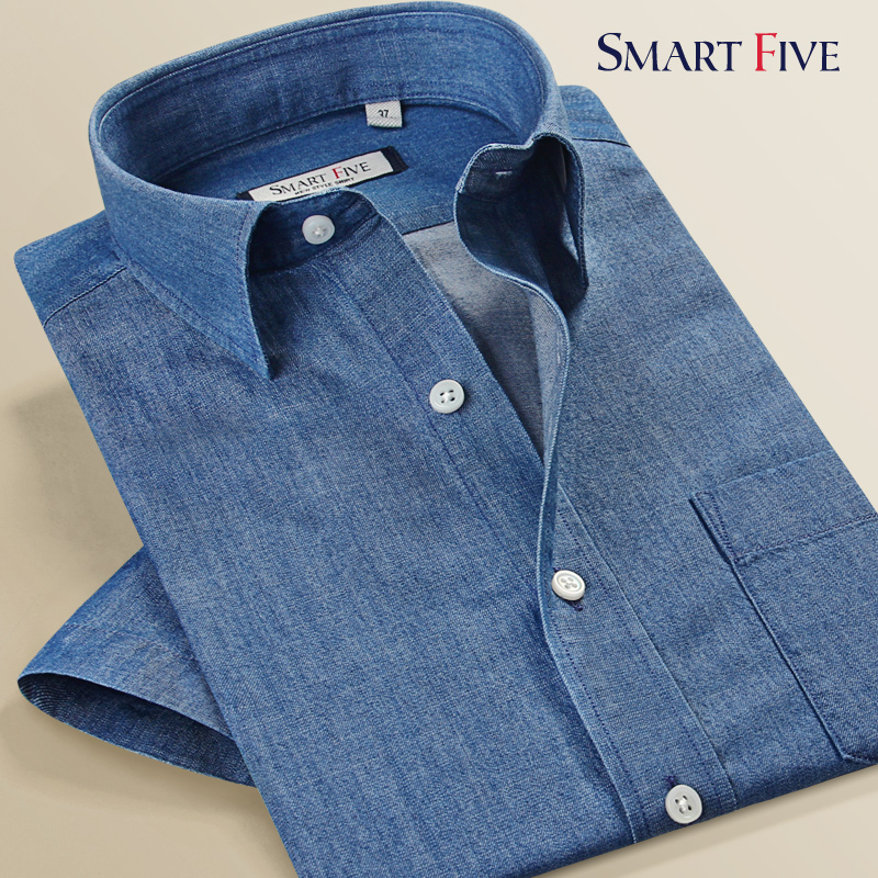 SmartFive 美式休闲男士牛仔衬衫薄款夏装水洗超柔软修身短袖衬衣