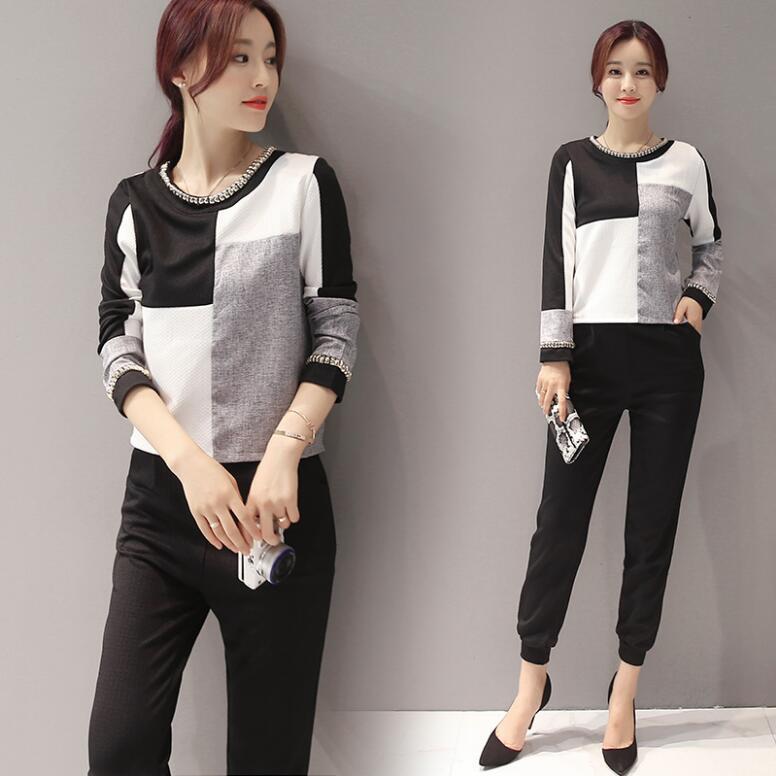 2016秋冬韩版新款套装大格子黑白拼色圆领长袖束腿长裤两件套女装