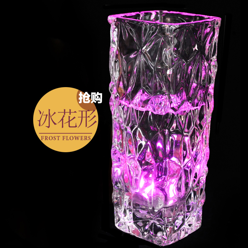 渐变发光冰花水晶玻璃花瓶家居台面富贵竹水培花器方形玻璃花瓶