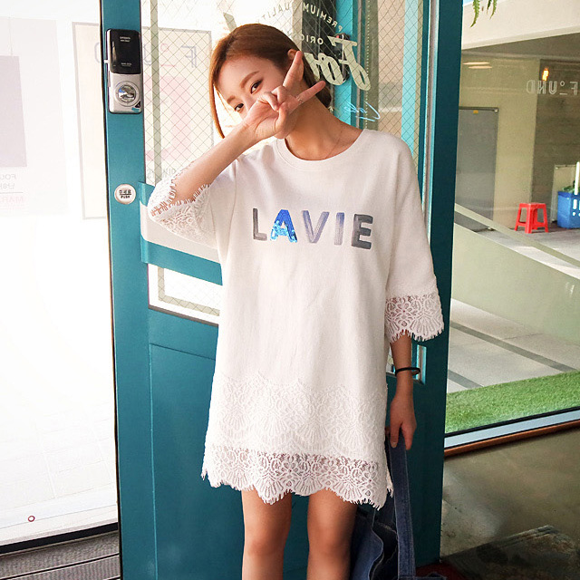 2015夏季韩版女半袖长款t恤裙五分袖蕾丝字母花边裙摆拼接连衣裙