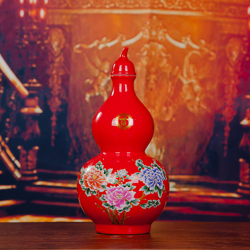 景德镇陶瓷白酒瓶5斤装细口仿古红葫芦密封客厅装饰摆件陶瓷酒罐