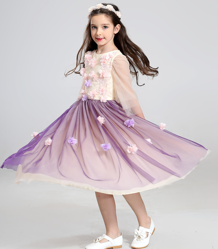 亲子装紫色花仙子儿童公主礼服长袖蓬蓬裙演出服中长款钢琴纱裙