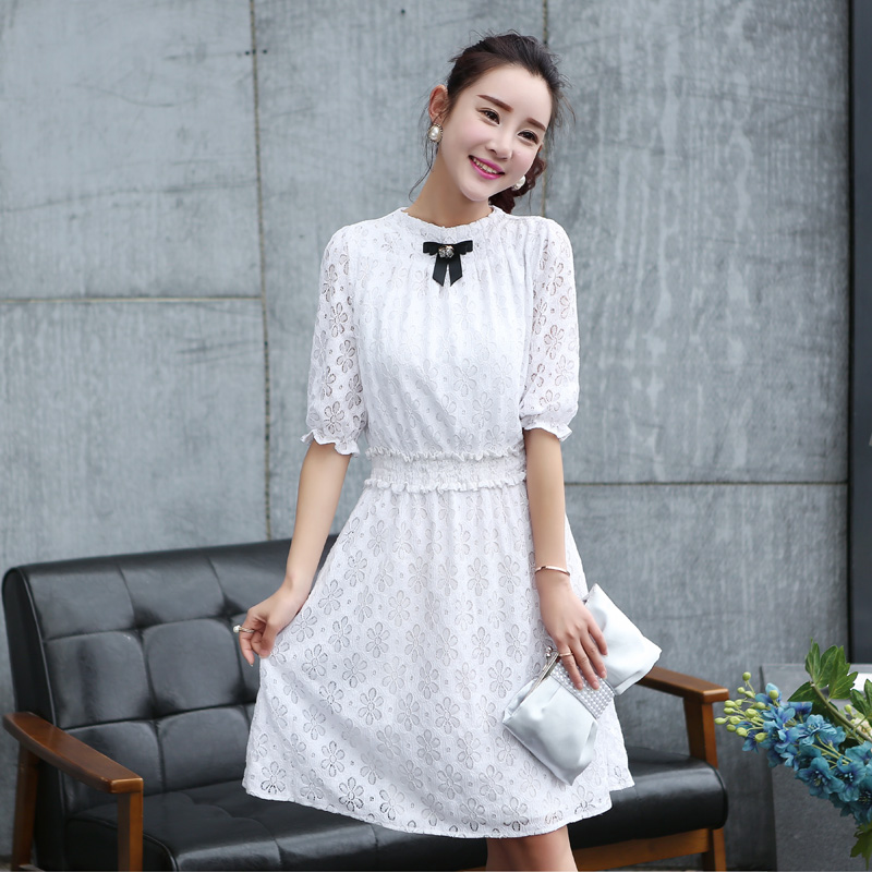 2015春夏季小码女装韩版修身时尚淑女纯白色中袖蕾丝连衣裙夏天