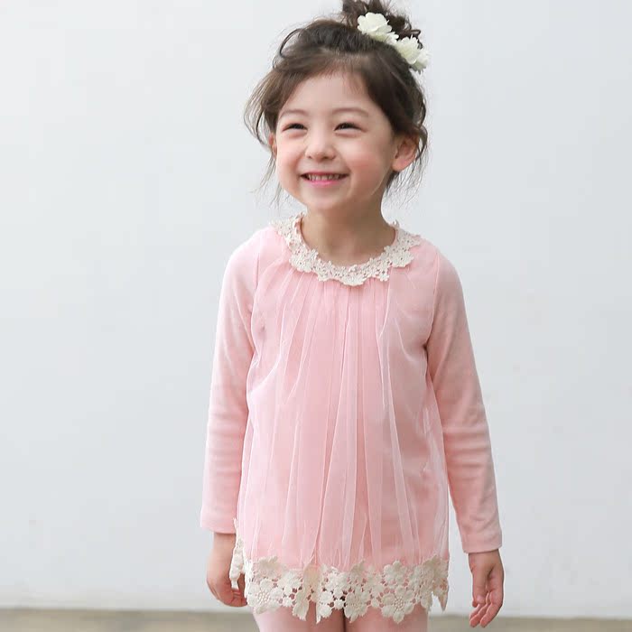 韩国正品代购童装2015秋款女童儿童中小童花朵淑女T恤打底衫
