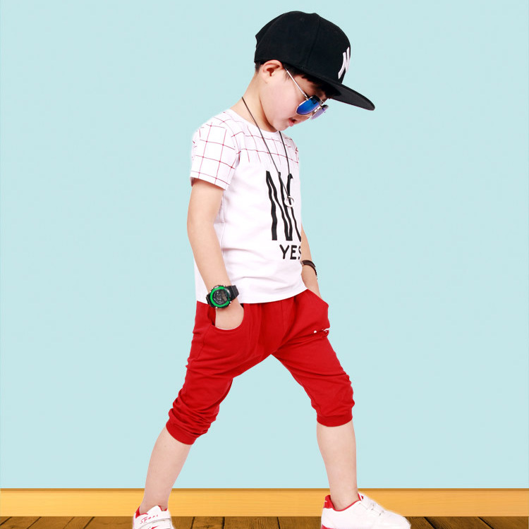 2016夏季短袖童装 新款韩版男童运动t恤套装儿童七分裤两件套衣服