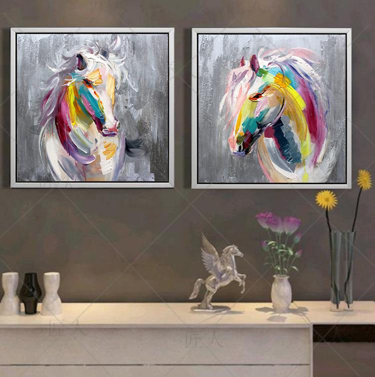 欧式抽象装饰画 客厅沙发走廊油画 客厅挂画纯手绘有框画 情侣马