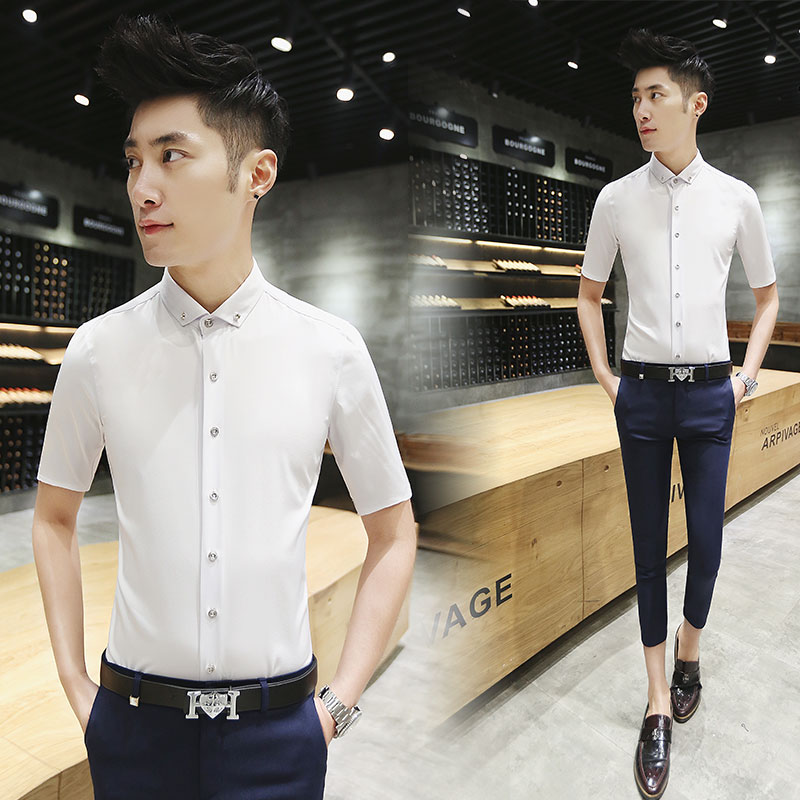 2016夏季新款韩版修身商务休闲衬衣青年潮流美发型师衬衫短袖男装