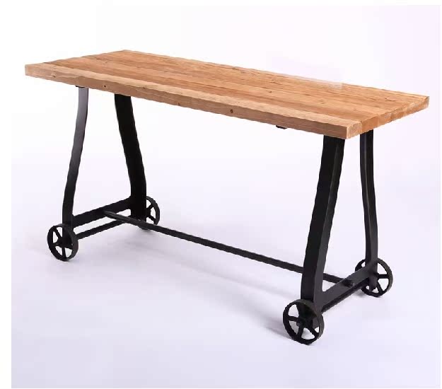 美式乡村简约现代铁艺玄关台 复古做旧带轮长桌餐边桌实木门厅桌