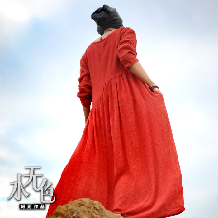 Q223水无色原创亚麻女装2015秋款棉麻连衣裙长袖圆领红色袍子裙K