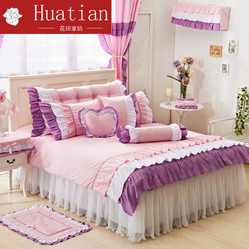 韩式公主纯棉床裙床上4四件套纯色全棉花边蕾丝被套床罩1.8床套件