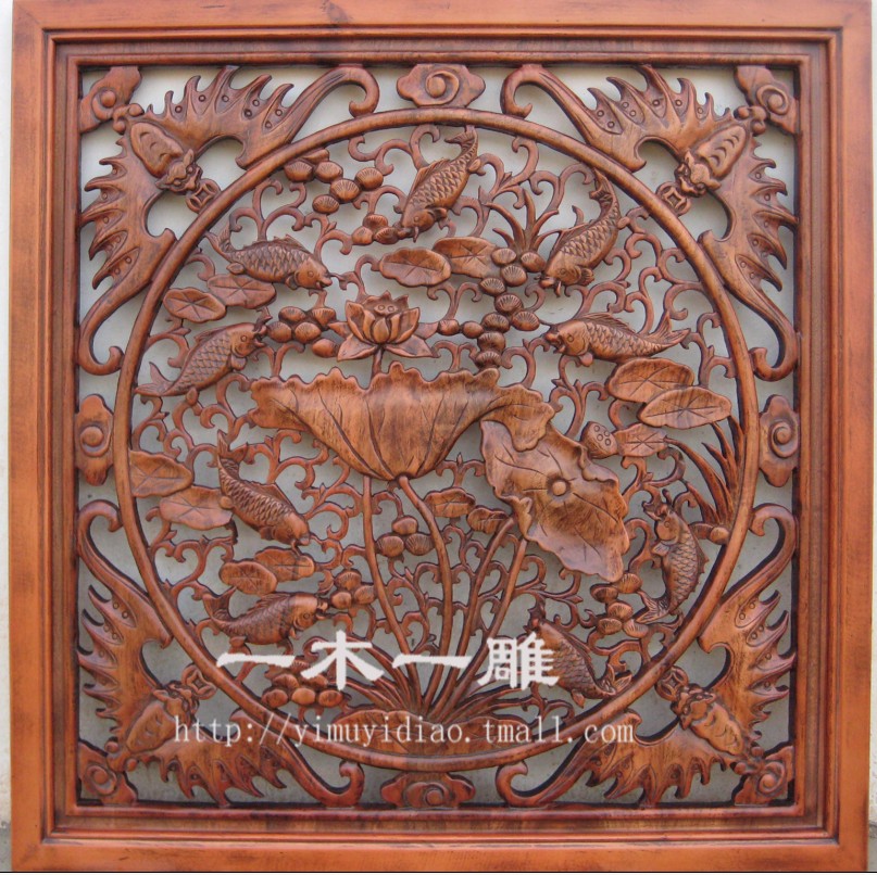 东阳木雕中式装修群鱼戏水图正方形实木如鱼得水荷花背景墙木挂件