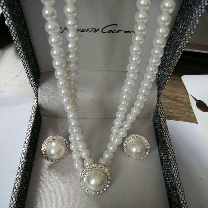 新款珍珠水钻耳钉项链套装 新娘耳环项链套装饰品 晚礼服珍珠项链