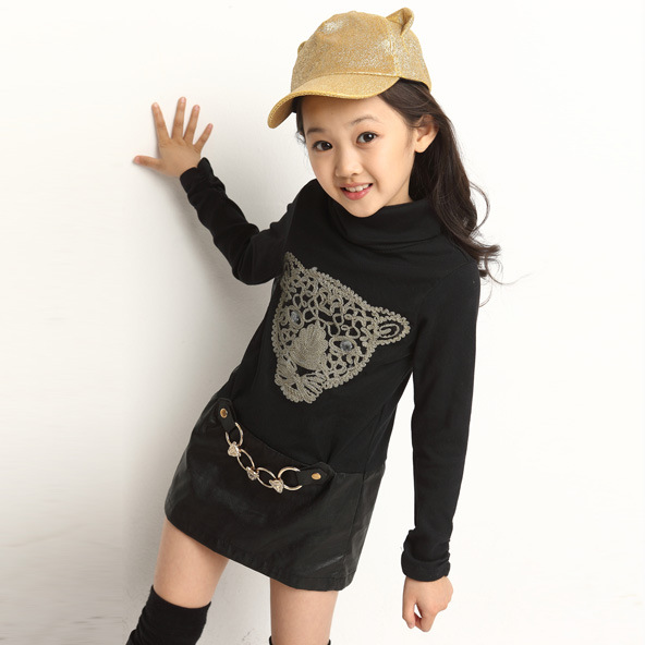 2014秋装新款韩版女童时尚修身纯色豹头图案打底衫连衣裙童装