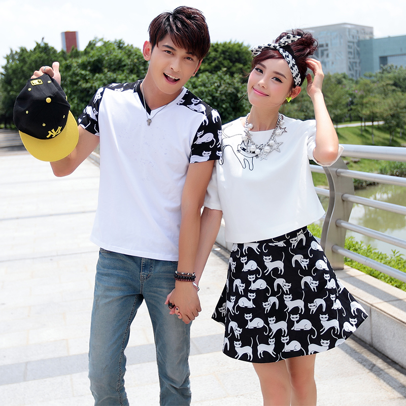 情侣装 夏装2015新款韩国版短袖t恤男女短裙套装夏季半身裙连衣裙