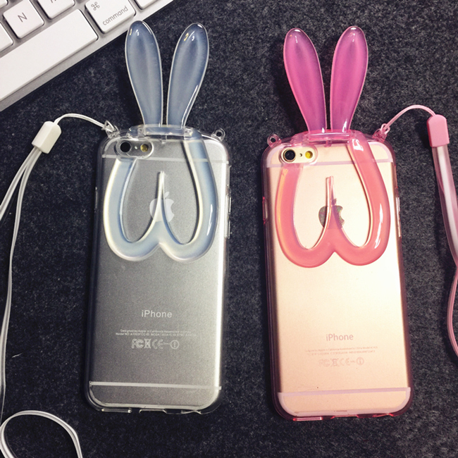 新款透明iphone6兔子耳朵支架手机壳苹果6plus挂绳5s硅胶保护套4s