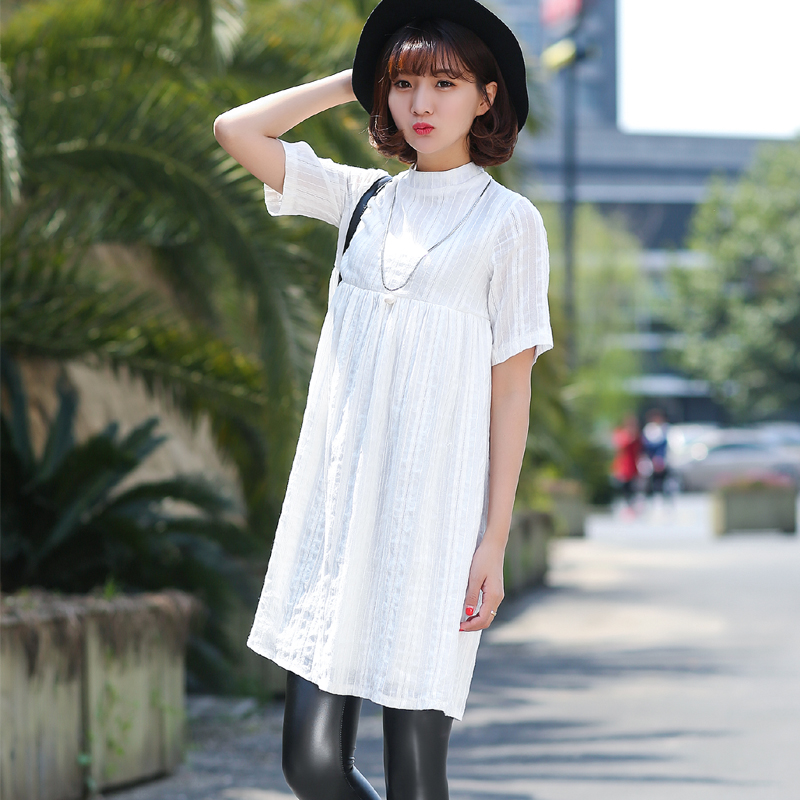 2015新款夏季条纹白色连衣裙短袖小清新高腰中长款韩版立领打底裙