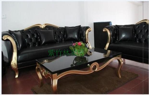 欧式实木雕花皮艺沙发新古典客厅小户型组合沙发黑色pu皮沙发