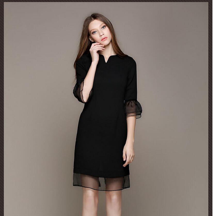 夏新款纯色黑色显瘦修身网纱麻纱拼接优质欧根纱荷叶袖V领连衣裙