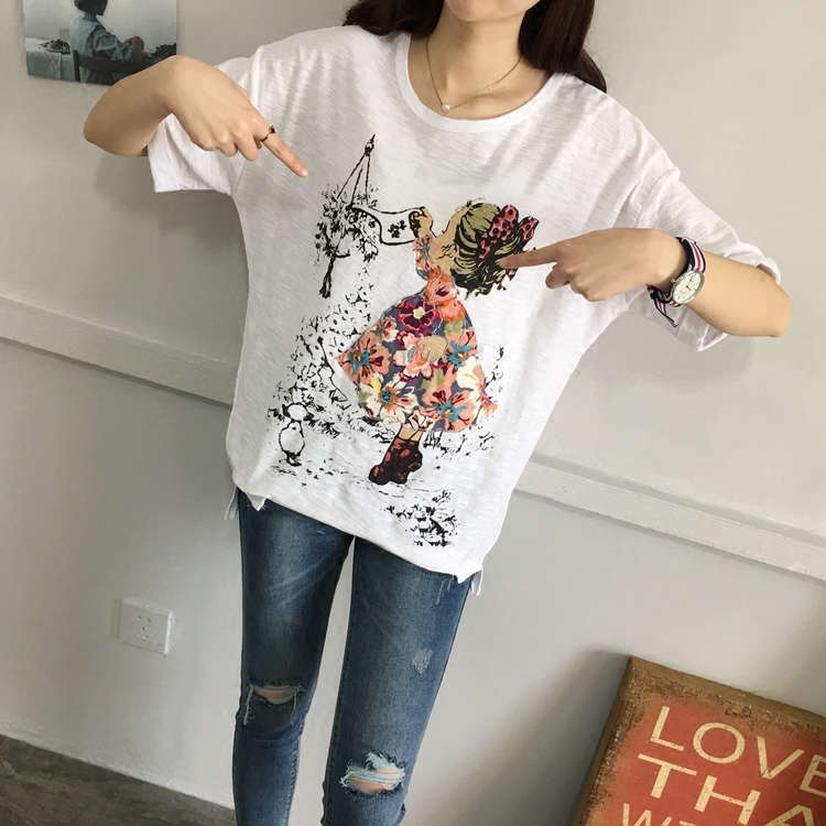 2017夏季女款韩版纯棉短袖T恤衫 卡通贴布刺绣印花圆领套头竹节棉