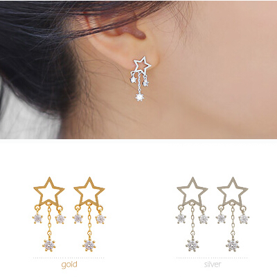 韩国五角星耳环锆石流苏925银星星耳钉女耳坠时尚气质长款送礼物