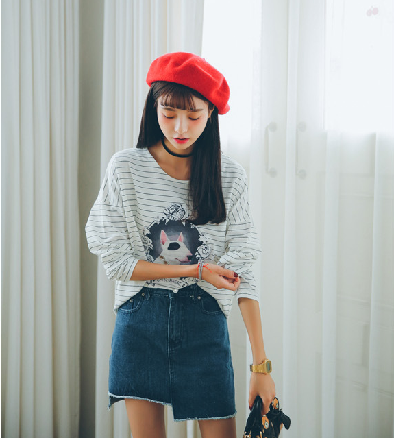 2015秋季新款韩版女士条纹棉长袖t恤宽松卡通长袖t恤