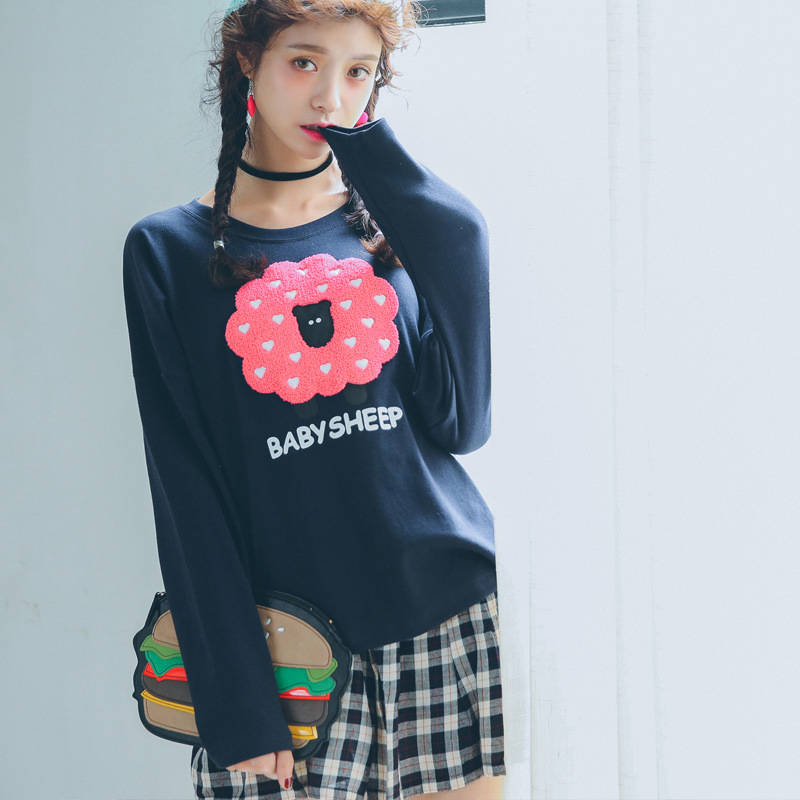 2015秋季装韩国东大门长袖T恤可爱绵羊字母印花圆领打底衫