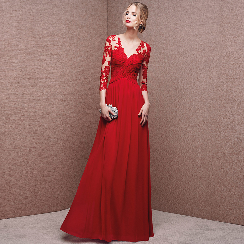 2016新款时尚红色新娘结婚礼服敬酒服长款大码修身宴会长袖晚礼服