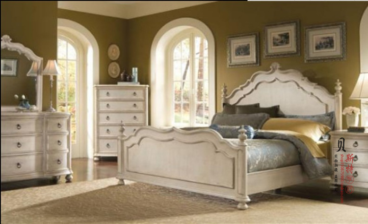 实木雕花床 美式乡村古典床复古做旧欧式床 法式实木卧室组合家具
