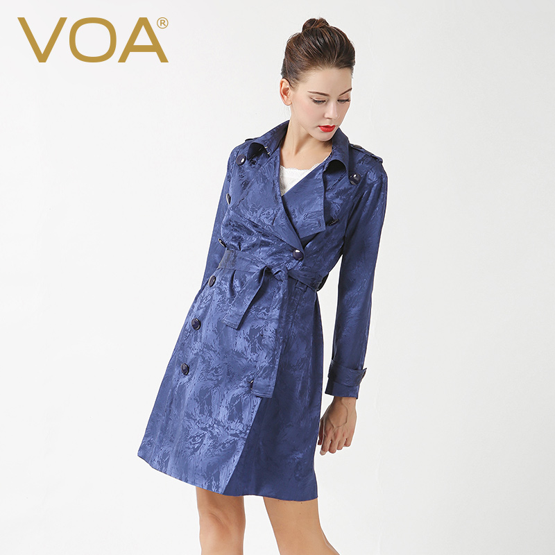 VOA 双排扣桑蚕丝女士风衣中长款 长袖修身丝绸F6309