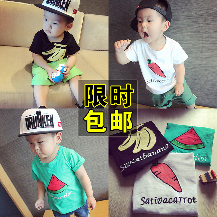 儿童短袖圆领男女宝宝刺绣水果系列短袖T小童香蕉西瓜英文字母T恤