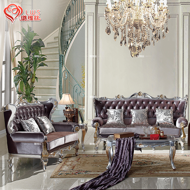 欧式沙发新古典实木雕花低奢布艺沙发客厅布艺组合银箔贴金布沙发