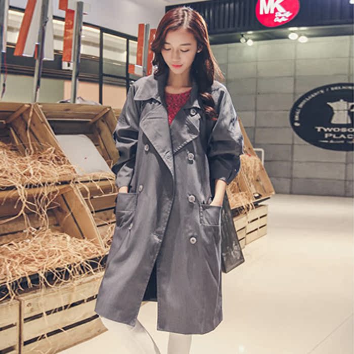 2015韩国女装新款 宽松大码 茧型插肩袖直筒修身 简约双排扣风衣