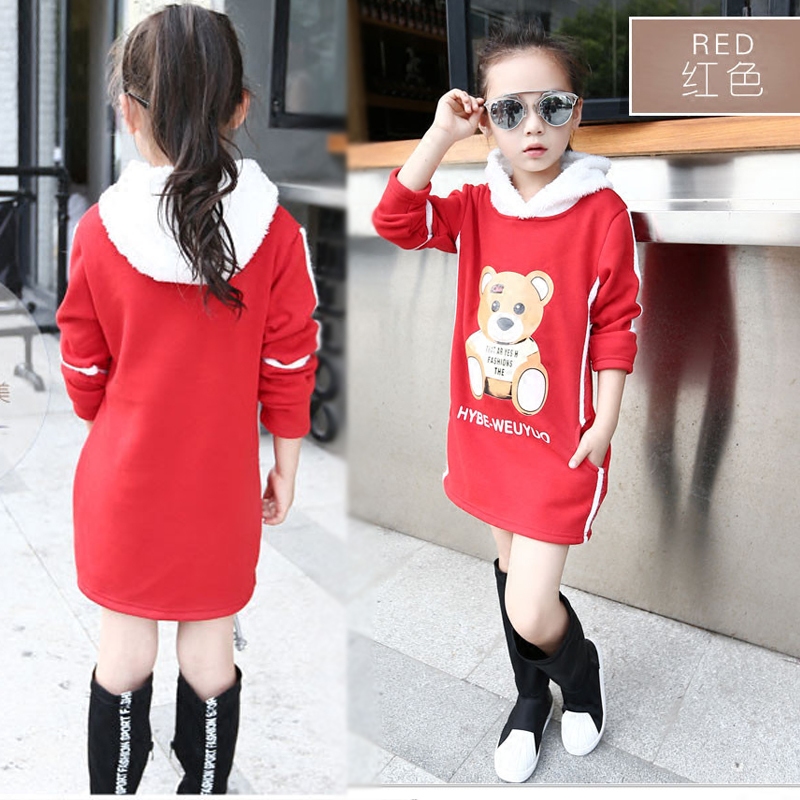 秋装新款3-12岁韩版卡通印花卫衣女童套头中长款外套纯色长袖绒衫