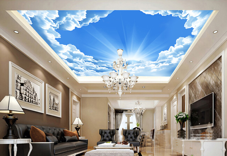 无缝大型天花板壁画客厅沙发电视背景墙纸卧室床头壁纸蓝天白云