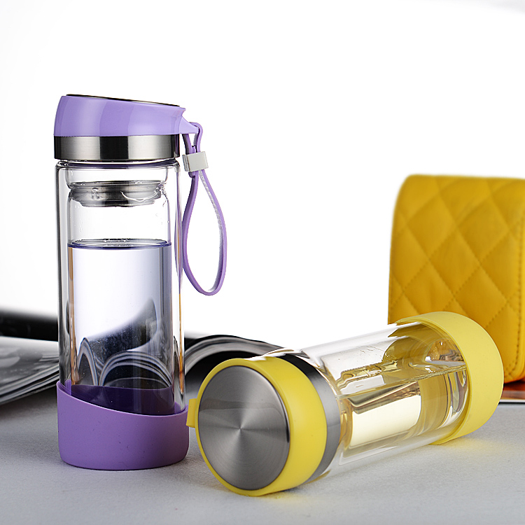 新品双层玻璃杯斜盖杯 高硼硅玻璃泡茶便携水杯 防漏耐热女士杯子