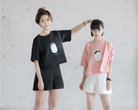 小葱良裁 黑色和粉色 2色   日本和风浮世绘脸像 短袖 T恤