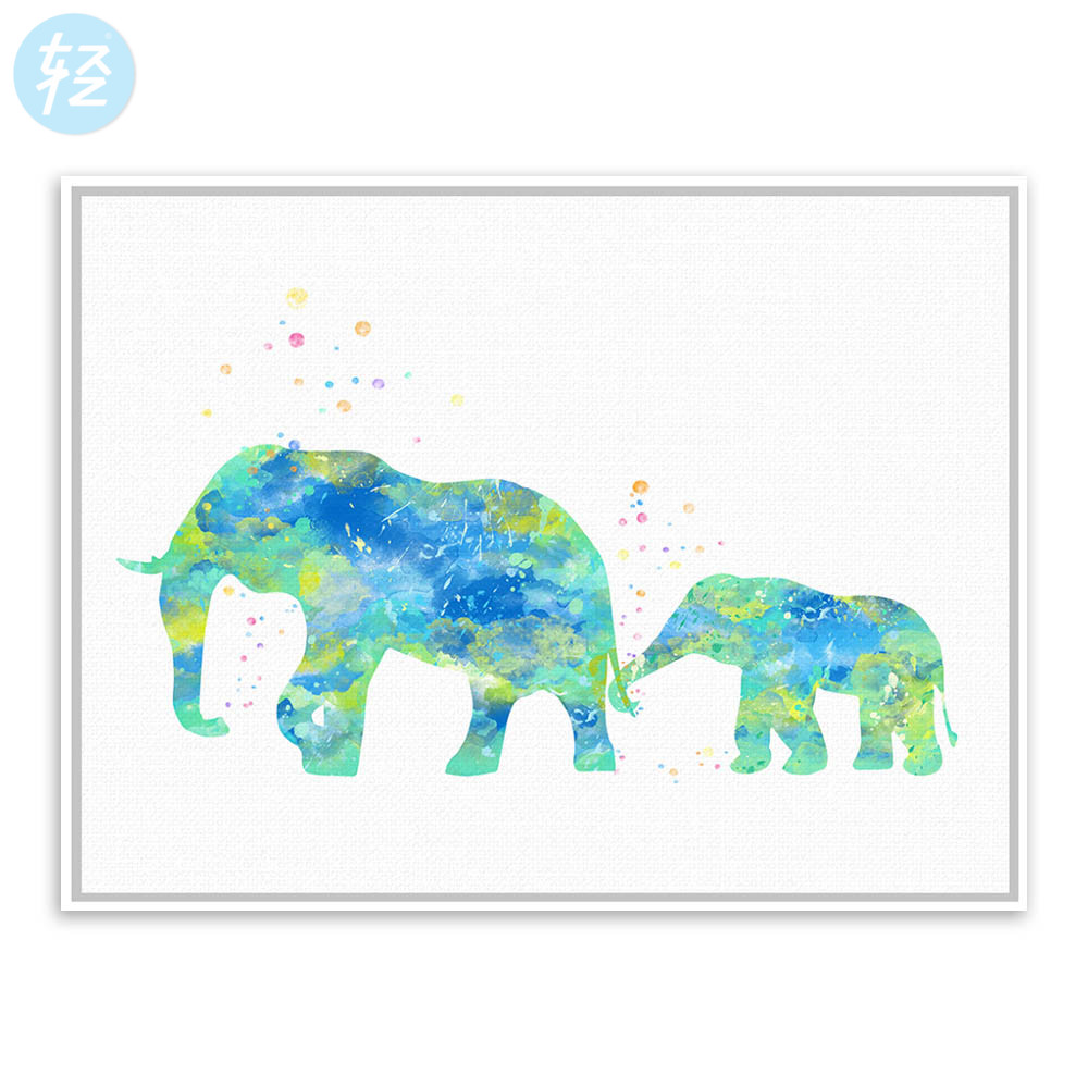 轻艺术原创水彩大象母子装饰布画抽象动物客厅沙发背景墙壁画挂画
