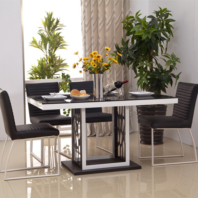 艾美 餐桌椅组合 简约现代不锈钢玻璃餐桌 小户型一桌六椅长方形