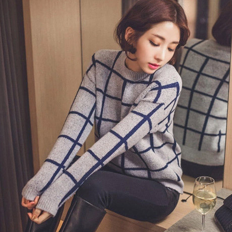 2015新款韩版女装秋冬复古方格子加厚针织衫毛衣外套宽松圆领套头