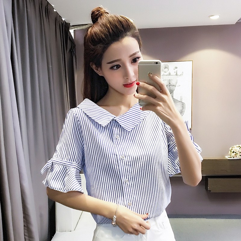 不规则V领衬衫女2017夏装新款韩版条纹显瘦喇叭袖短袖上衣衬衣女