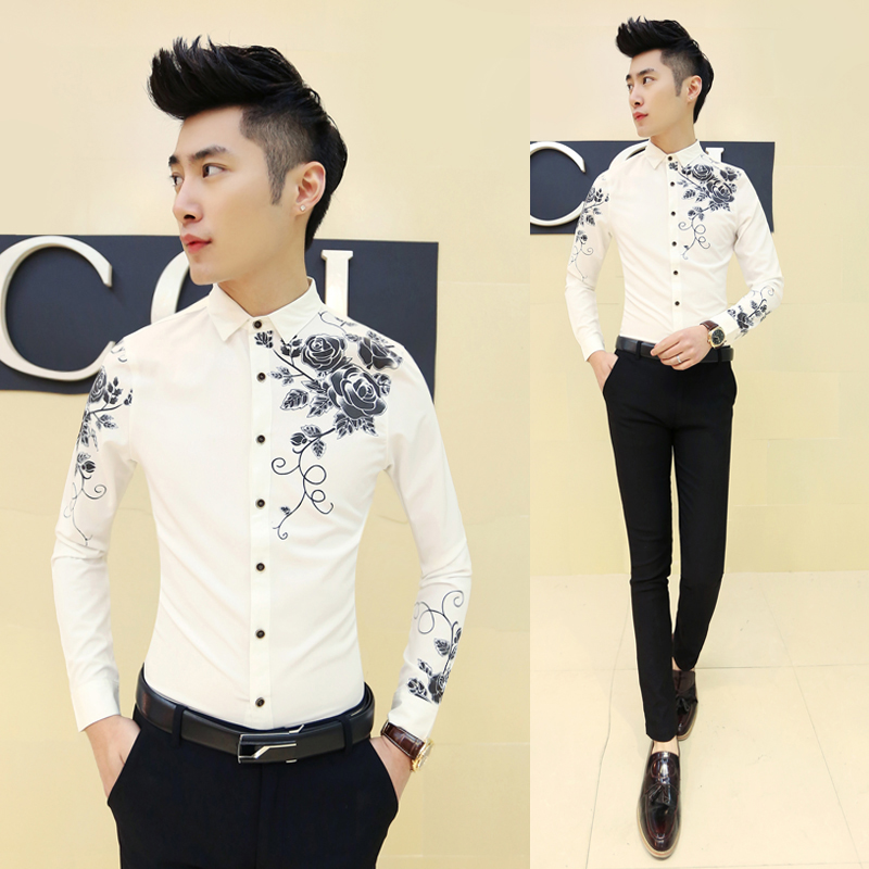 2015春秋款男士衬衫韩版修身白色印花休闲衬衣男长袖发型师寸衣潮