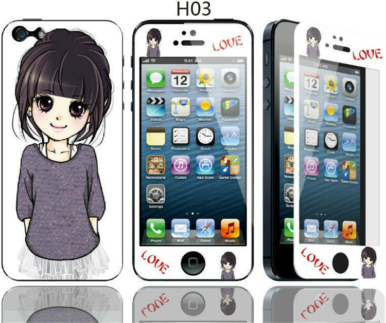 苹果5s钢化玻璃膜iPhone4s手机贴膜可爱卡通彩膜 Ip四五防爆前后