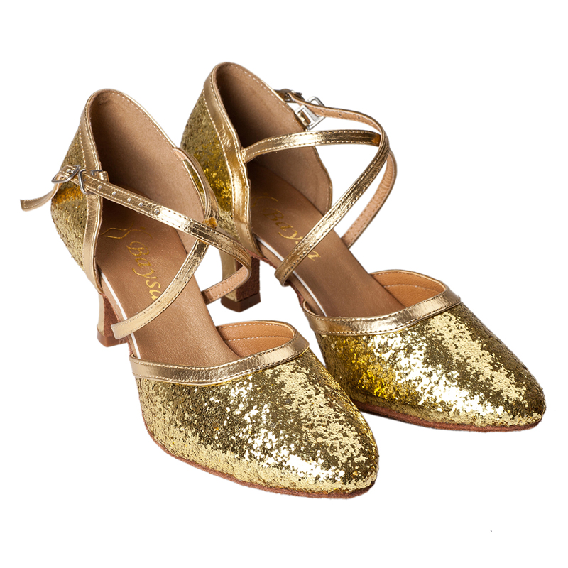 贝莎2015新款夏季拉丁舞女式广场舞蹈鞋 成人摩登鞋软底包头闪金